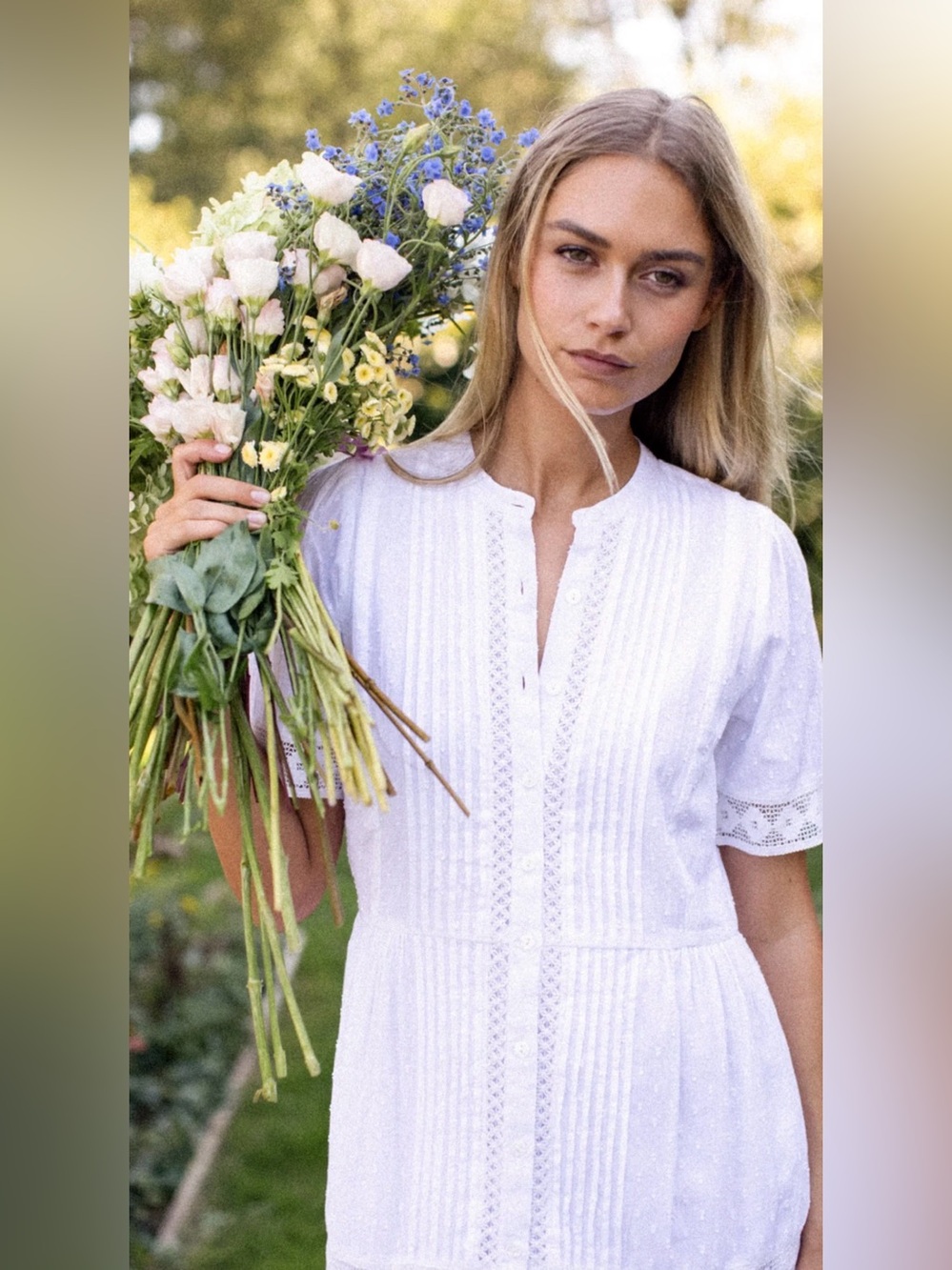 White Button-Front Midi Dress with Lace Trim - Picture 8 of 15